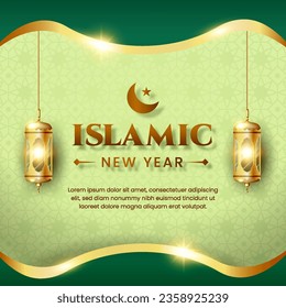 Islamic new year with realistic gold lantern, suitable for greeting card, web banner,est.