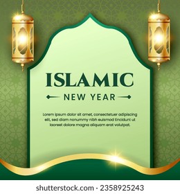 Islamic new year with realistic gold lantern, suitable for greeting card, web banner,est.