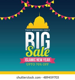 Islamic New Year sale emblem with silhouette, ribbon, and lantern. Vector Illustration, great for card, poster and banner