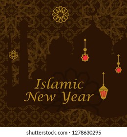 Islamic New Year Vector Background with Mosque Silhouette and Lamp Ornaments