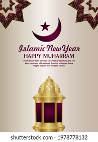 Islamic new year vector illustration with golden lantern on pattern background