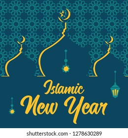 Islamic New Year Vector with Mosque  and Lamp Ornaments