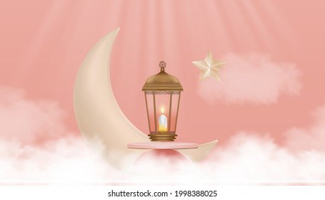 Islamic New year.Happy Muharram greeting card.3D lantern,Crescent moon and Star on cloud wall background,Vector banner of Islamic Religion,Muslim Symbolic for Eid al fitr, Ramadan Kareem, Eid Mubarak