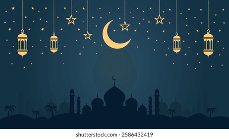 Islamic night background with golden crescent moon. Lanterns. Mosque Silhouette. Perfect for Ramadan and Eid designs