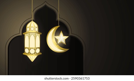 Islamic night background with golden crescent lanterns behind the mosque wall