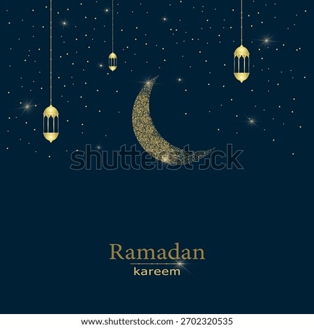 Islamic night background with golden crescent moon with lanterns. Perfect for Ramadan and eid designs. Vector illustration.
