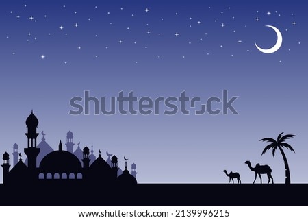 islamic night background with mosque silhouette vector