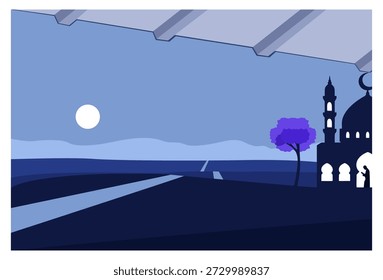 Ilustración vectorial islámica de la escena nocturna
Esta Ilustración vectorial presenta un ambiente nocturno sereno con una paleta de colores azul intenso y púrpura. La atmósfera nocturna se representa por la presencia de una luna llena y la silueta de montañas en el horizonte.
En primer plano y en el medio, una carretera o vía fluvial se extiende a lo lejos, creando una perspectiva profunda. A la derecha, la silueta de una mezquita con su distintiva cúpula y minarete, y una luna creciente en su ápice, insinúa el contexto islámico o la atmósfera de Ramadán. Un árbol púrpura brillante contrasta fuertemente con la mezquita.
Los Elementos arquitectónicos en la parte superior del marco crean la impresión de que la escena se ve desde debajo de la sombra o dentro de una habitación. El estilo plano le da a esta ilustración un aspecto minimalista y moderno.