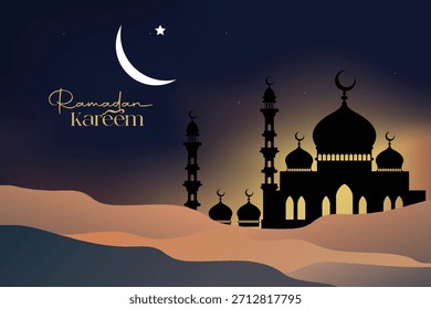 Islamic Night Sky Background with Ramadan kareem typography and Mosque over Sand Dunes