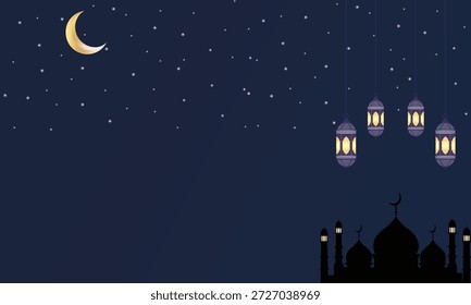 Cielo nocturno islámico con estrellas de luna creciente Mezquita y linternas para el Eid, Ramadán y diseño islámico. 