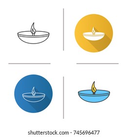 Islamic oil lamp icon. Flat design, linear and color styles. Diya. Islamic culture. Burning bowl oil lamp. Isolated vector illustrations