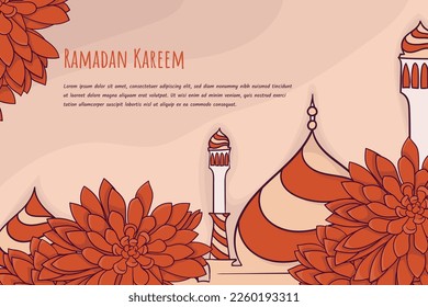 Islamic orange background design with hand drawn of mosque and floral background design