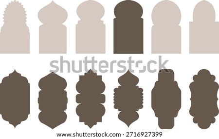 Islamic oriental abstract decorative arch frames, windows, plus doors, silhouette shapes, boho minimalist design