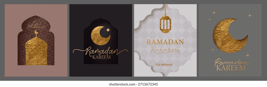 Islamic, oriental frame, silhouette. Geometric arab backgrounds. Ramadan Kareem concept. Mosque, moon, stars, ornaments, patterns, calligraphic sign. Paper cut style. Soft colors.