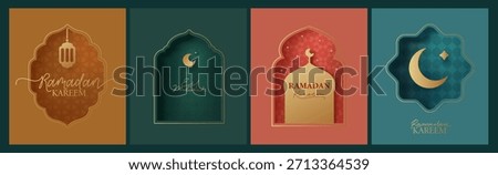 Islamic, oriental frame, silhouette. Geometric arab backgrounds. Ramadan Kareem concept. Mosque, moon, stars, ornaments, patterns, calligraphic sign. Paper cut style. Bright colorful vector design