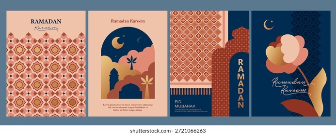 Islamic, oriental frame, silhouette, pattern. Geometric arabian backgrounds. Ramadan Kareem concept. Moon, stars, ornaments, patterns, calligraphic sign. Design for greeting card. 