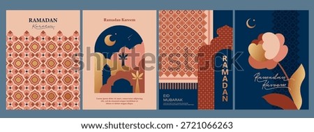 Islamic, oriental frame, silhouette, pattern. Geometric arabian backgrounds. Ramadan Kareem concept. Moon, stars, ornaments, patterns, calligraphic sign. Design for greeting card. 