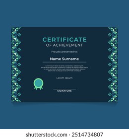 Projeto de certificado geométrico oriental islâmico com tema escuro e ornamento vertical no lado