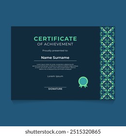 Islamic Oriental Geometric Certificate Design with Vertical Ornament on The Right Side and Dark Theme