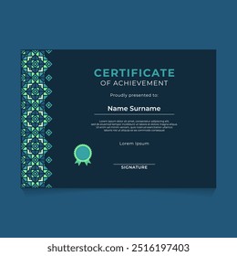 Islamic Oriental Geometric Certificate Design with Vertical Ornament on The Left Side and Dark Theme