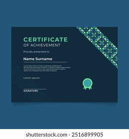 Diseño de certificado geométrico oriental islámico con adorno diagonal y tema oscuro