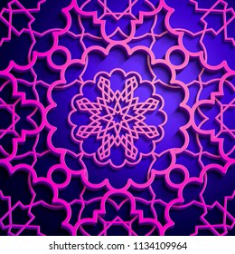 Islamic oriental pattern, Abstract vector ornament. Vector muslim background. east culture, indian heritage, arabesque, persian motif, 3D. wallpaper, banner, web design, wedding cards. Violet color 