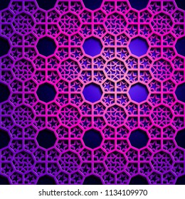 Islamic oriental pattern, Abstract vector ornament. Vector muslim background. east culture, indian heritage, arabesque, persian motif, 3D. wallpaper, banner, web design, wedding cards. Violet color 
