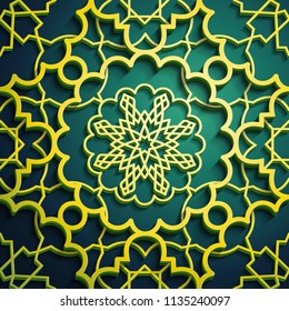 Islamic oriental pattern, Abstract vector ornament. Vector muslim background. east culture, indian heritage, arabesque, persian motif, 3D. wallpaper, banner, web design, wedding cards. Green, yellow.