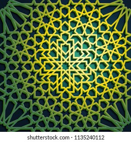 Islamic oriental pattern, Abstract vector ornament. Vector muslim background. east culture, indian heritage, arabesque, persian motif, 3D. wallpaper, banner, web design, wedding cards. Green, yellow.