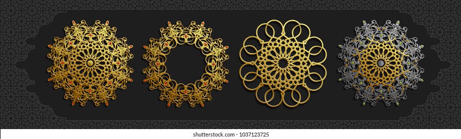 Islamic oriental pattern set, Abstract vector circle ornament collection. Vector muslim background. east ornament, indian ornament, persian motif,3D Wallpaper, banner, web design. Ramadan kareem. Gold