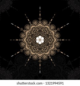 islamic oriental round mandala on black isolated background. Vector mandala in white and gold colors. Mandala with floral patterns. vectoral template