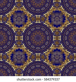 Islamic oriental seamless pattern. Muslim, East ornament, Indian ornament, Persian motif. Can be used for wallpaper, banner, wrapping, wedding card. Abstract golden circle ornament on blue background.