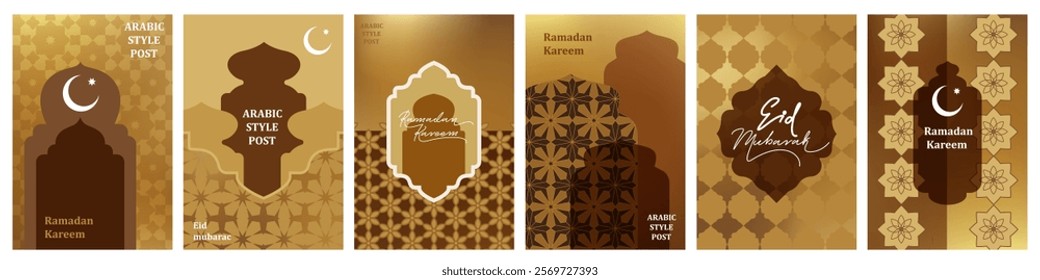  Islamic, oriental style frame, silhouette. Geometric arab frame set. Ramadan kareem design elements, backgrounds, icons. Chic, elegant golden foil texture.
