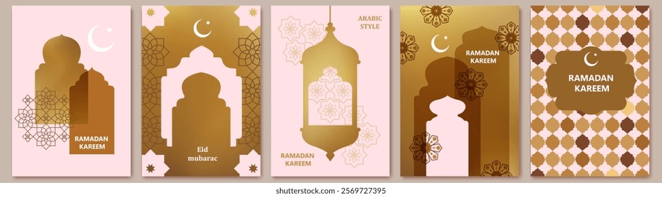  Islamic, oriental style frame, silhouette. Geometric arab frame set. Ramadan kareem design elements, backgrounds, icons. Chic, elegant golden foil texture.
