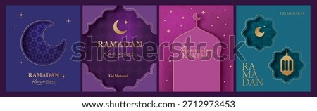 Islamic, oriental style frame, silhouette. Geometric arab frame set. Ramadan kareem backgrounds. Mosque, moon, stars, ornaments, patterns in paper cut style. Bright colorful vector design
