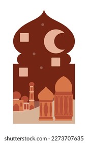 Islamisch-orientalischer Stil islamische Fenster und Arkaden mit modernem Boho-Design, Mond, Moschee-Kuppel und Laternen