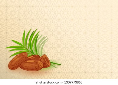 Islamic ornament background with dates and palm tropical leaves. Perfect for the inscription - Ramadan Karim, Eid al-Adha, Juma Mubarak, Eidt Al Fitr. Effective elegant background for muslim and islam