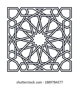 Ornamento islámico basado en doceava roseta tradicional para la decoración y el diseño de las tarjetas de felicitación. Ilustración vectorial.