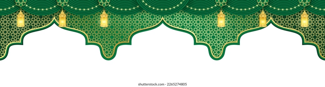 Islamic ornament curtain, lantern lamp template, header or footer for background, banner, poster, cover design, social media feed, stories.  Ramadan Kareem and eid mubarak 2023 concept