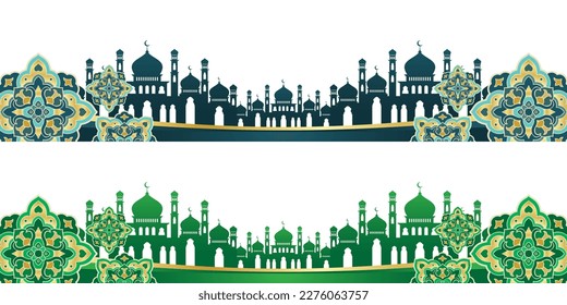 Islamic Ornament lanter or lamp for frame header footer on white background, Ramadan karem and eid mubarak concept. Design ornament for printing, cards, invitations, template, social media