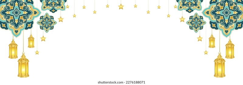 Islamic Ornament lanter or lamp for frame header footer on white background, Ramadan karem and eid mubarak concept. Design ornament for printing, cards, invitations, template, social media