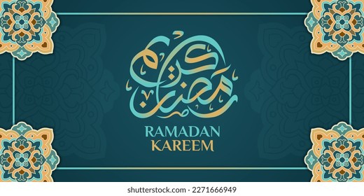 Plantilla de ornamento islámico para fondo, pancarta, afiche, diseño de portada, sobre, fuente de medios sociales. Ramadan Kareem y eid mubarak concepto 2023, fondo azul, farol musulmán, patrón