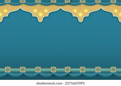 Islamic ornament template for background, banner, poster, cover design, envelope, social media feed. Ramadan Kareem and eid mubarak 2023 concept, blue background, muslim lantern, pattern