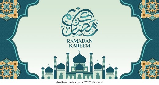 Islamic ornament template for background, banner, poster, cover design, envelope, social media feed. Ramadan Kareem and eid mubarak 2023 concept, blue background, muslim lantern, pattern
