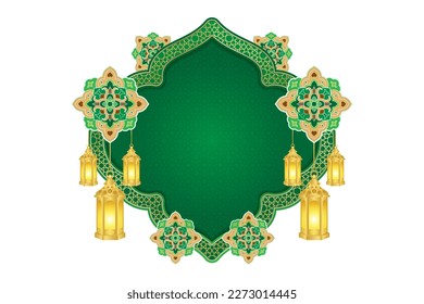 Islamische Ornament-Vorlage für Hintergrund, Banner, Poster, Cover-Design, Umschlag, Social-Media-Feed. Ramadan Kareem und eid mubarak 2023 Konzept, grüner Hintergrund, muslimische Laterne, Muster