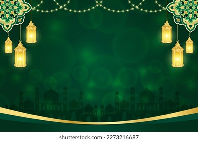 Islamic ornament template for background, banner, poster, cover design, envelope, social media feed. Ramadan Kareem and eid mubarak 2023 concept, green background, muslim lantern, pattern