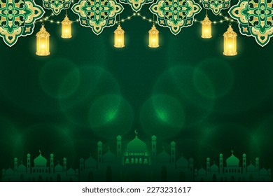 Islamic ornament template for background, banner, poster, cover design, envelope, social media feed. Ramadan Kareem and eid mubarak 2023 concept, green background, muslim lantern, pattern