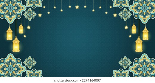 Plantilla de ornamento islámico para fondo, pancarta, afiche, diseño de portada, sobre, fuente de medios sociales. Ramadan Kareem y eid mubarak concepto de saludo 2023, fondo azul, farol musulmán, patrón