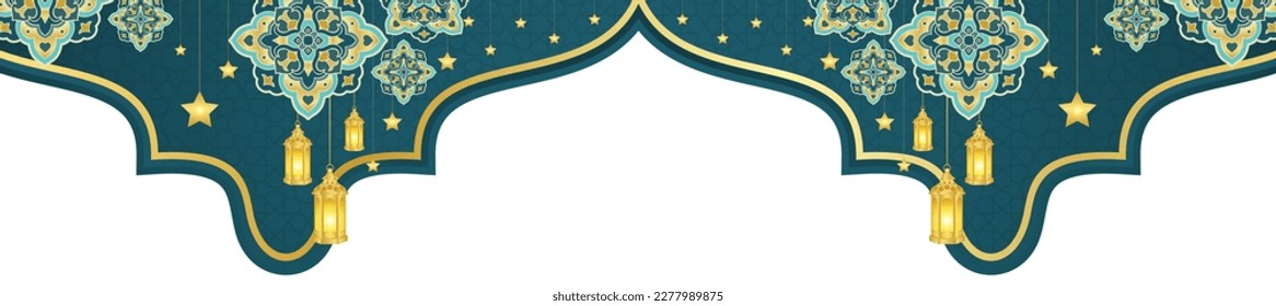 Islamic ornament template for background, banner, poster, cover design, envelope, social media feed. Ramadan Kareem and eid mubarak 2023 greeting concept, blue background, muslim lantern, pattern
