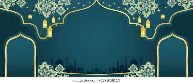 Islamic ornament template for background, banner, poster, cover design, envelope, social media feed. Ramadan Kareem and eid mubarak 2023 greeting concept, blue background, muslim lantern, pattern